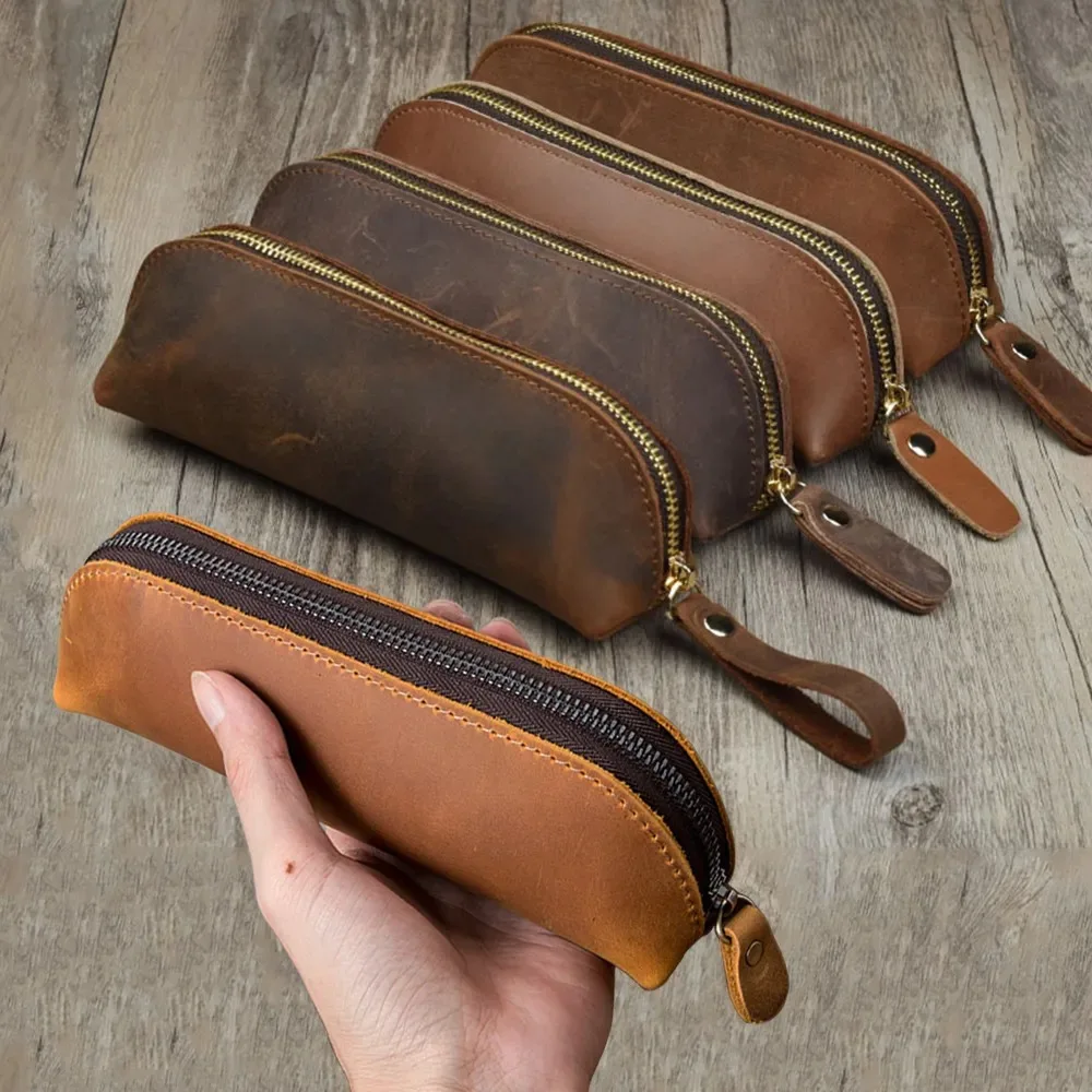 Bolsa de lápices de cuero Vintage, estuche de papelería Simple, estuche de bolígrafo, bolsa de almacenamiento con cremallera, estuche para lápices, caja de gafas, suministros escolares