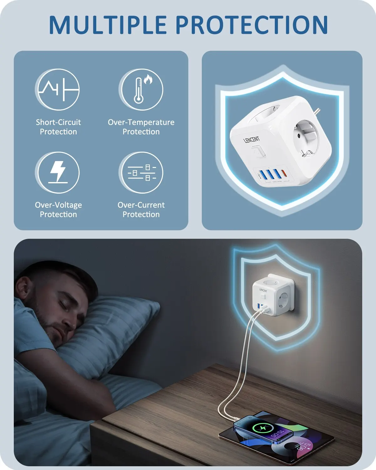 LENCENT Wandsteckdosen-Extender mit 3 AC-Steckdosen, 3 USB-Anschlüssen und 1 Typ C 7-in-1 EU-Stecker-Ladegerät Ein/Aus-Schalter für Zuhause
