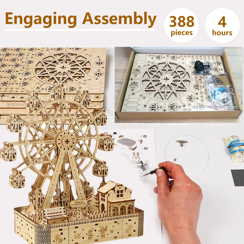 Ferris ล้อเพลงกล่องรุ่น LED Light 3D ปริศนาไม้ DIY Assembly Building ชุดงานฝีมือตกแต่งบ้านผู้ใหญ่เด็กของขวัญ