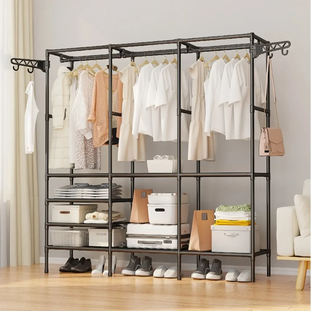 Rack de roupas de fileira dupla, cabides de chão grandes com ganchos pendurados, hastes, prateleira de armazenamento simples, casaco e sapatos, cabide de roupas
