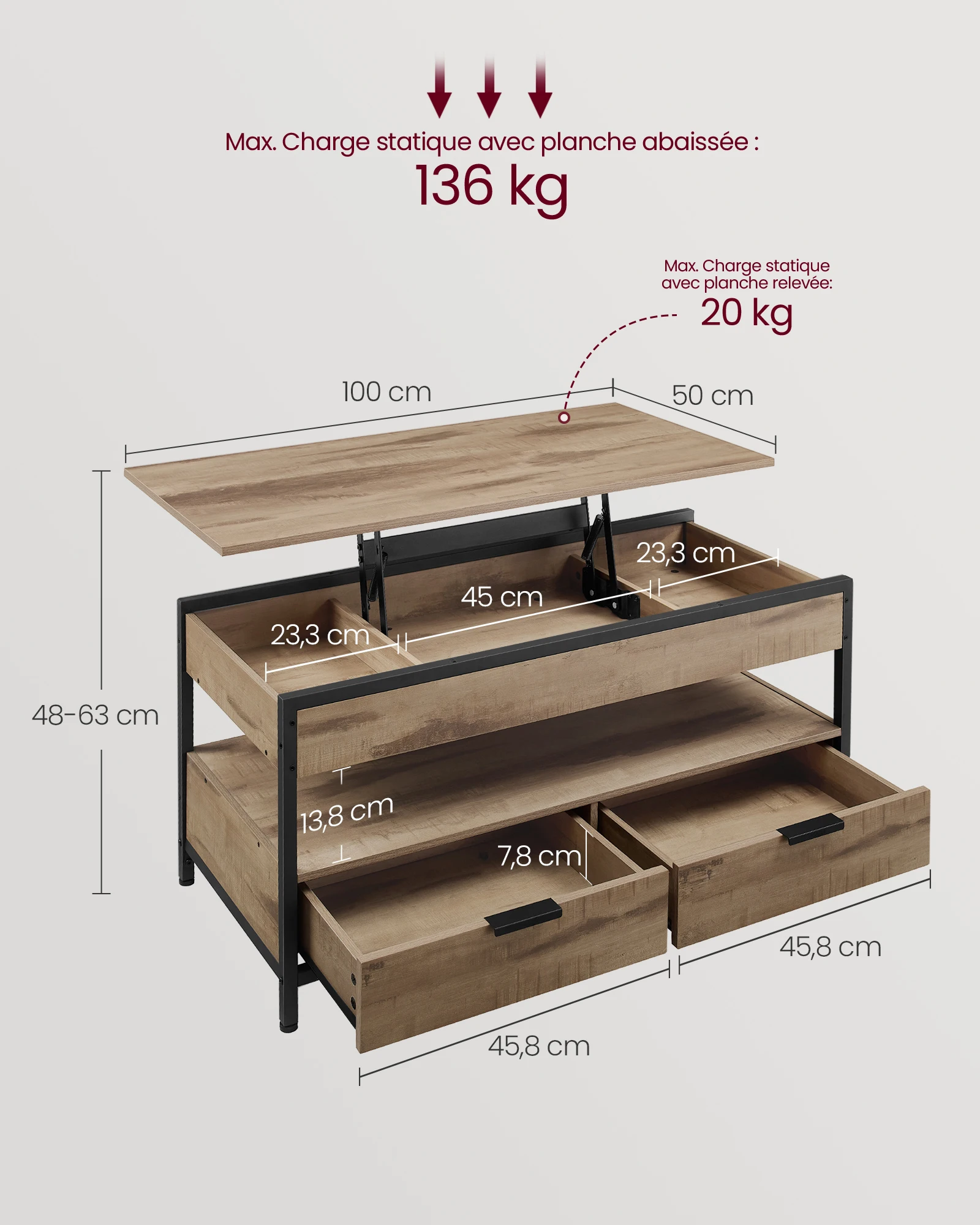 VASAGLE Table Basse, Table de Salon avec Plateau Relevable, Tiroirs de Rangement, avec Rangement Ouvert et Compartiment Caché