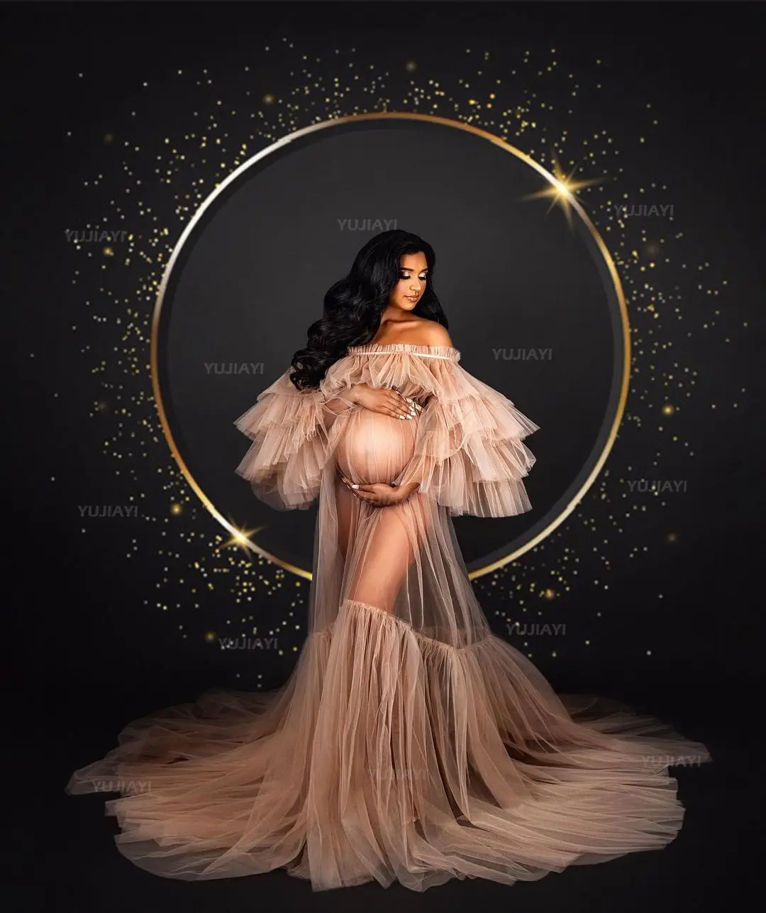 ชุดคลุมท้องปิดไหล่ Tulle Robe ที่กําหนดเองผู้หญิงเสื้อคลุมอาบน้ํางานแต่งงานชุดชั้นในชุดนอนเจ้าสาวชุดนอน