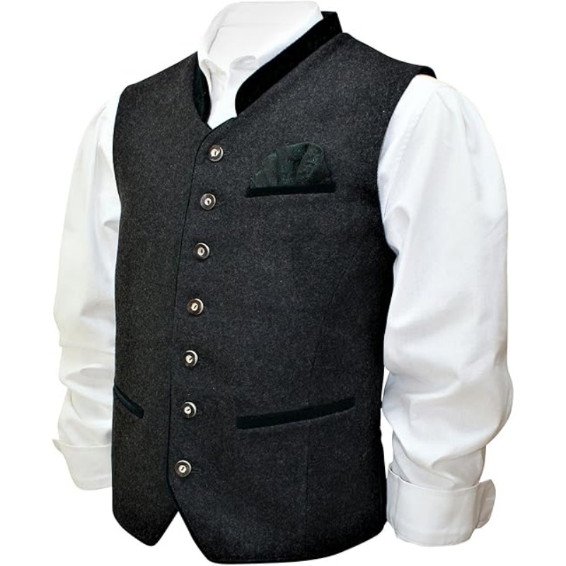 Elegante Lodenweste für Herren – traditionelle ärmellose Weste mit Brokat-Einsteck |   Anthrazitgraue Hochzeitsweste, Festival &