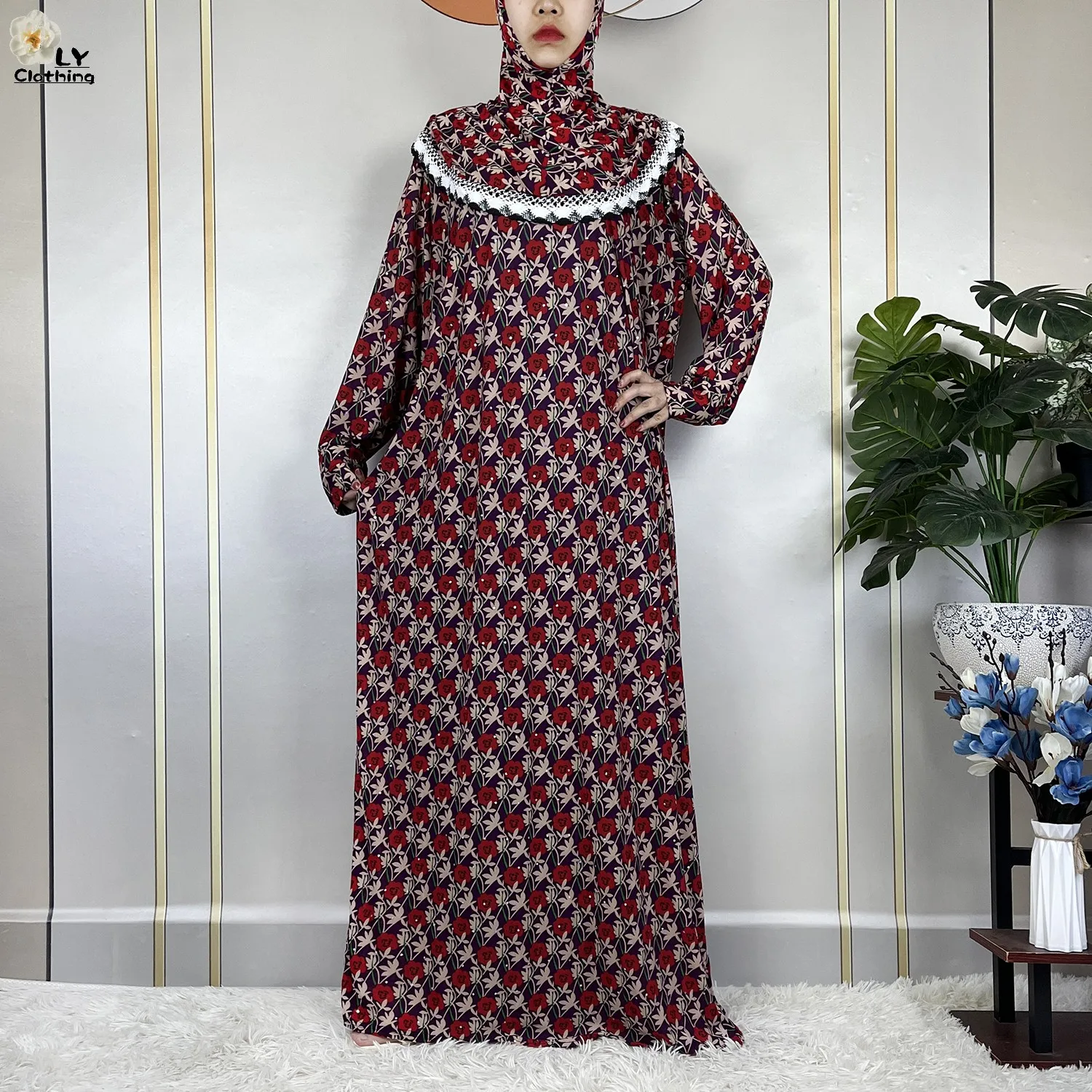 女性のためのイスラム教徒のラマダンの祈りのドレス,長袖の花のドレス,アフリカのアバヤ,女性のためのヘッドスカーフ,中東,ドバイ,トルコ,2023