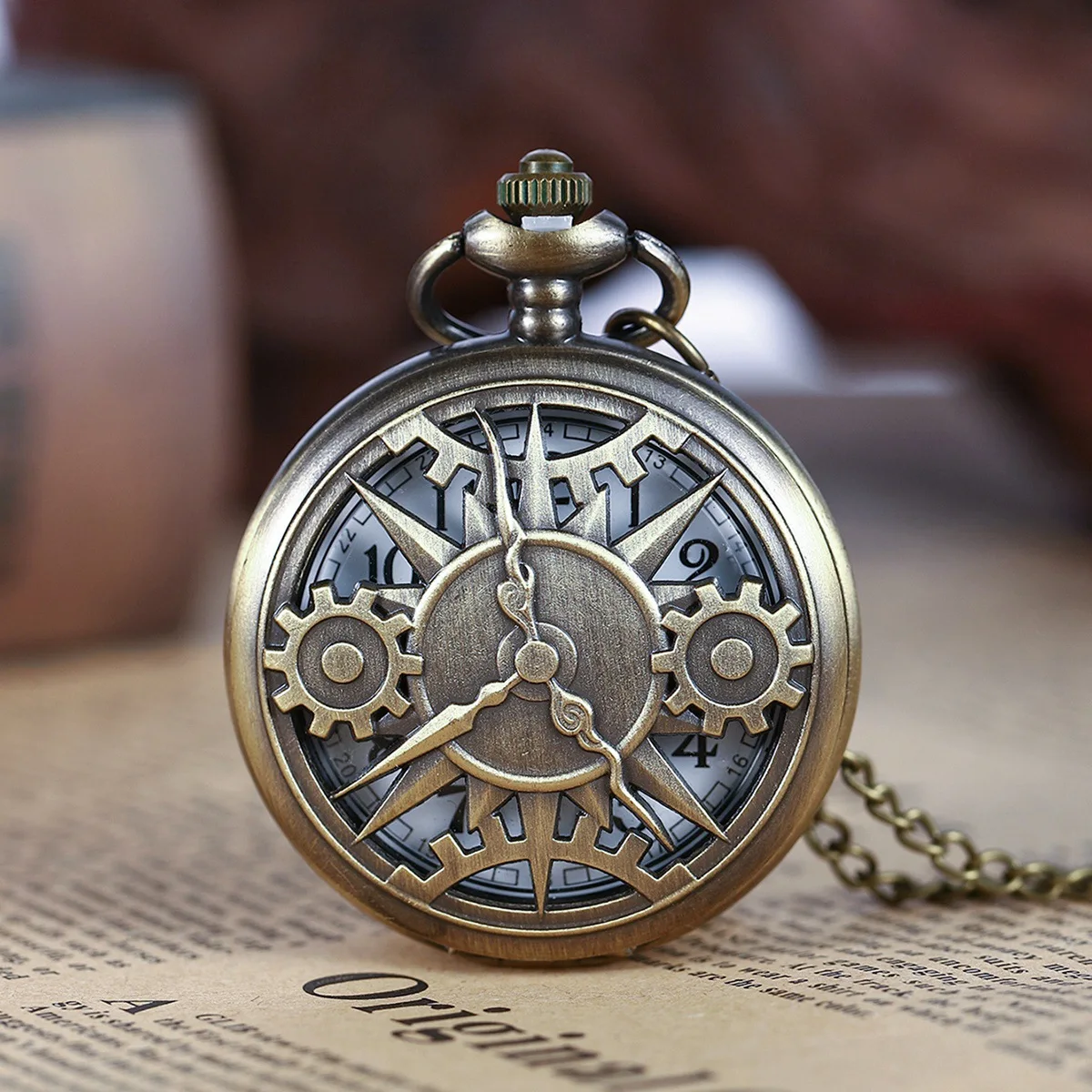 Antyczny Steampunk brązowy pusty mechanizm przekładni kwarcowy zegarek kieszonkowy wisiorek prezent z łańcuszkiem chłopcy mężczyźni