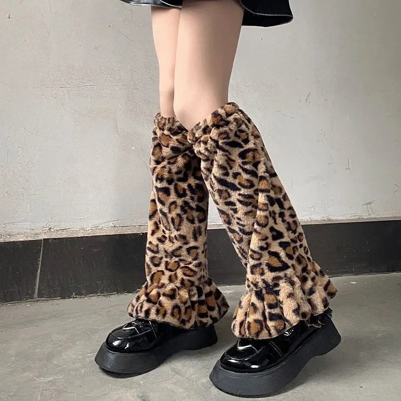 Y2K Pele de inverno Harajuku Kawai Lolita Sexy Leopard Padrão ligas, meias e meias