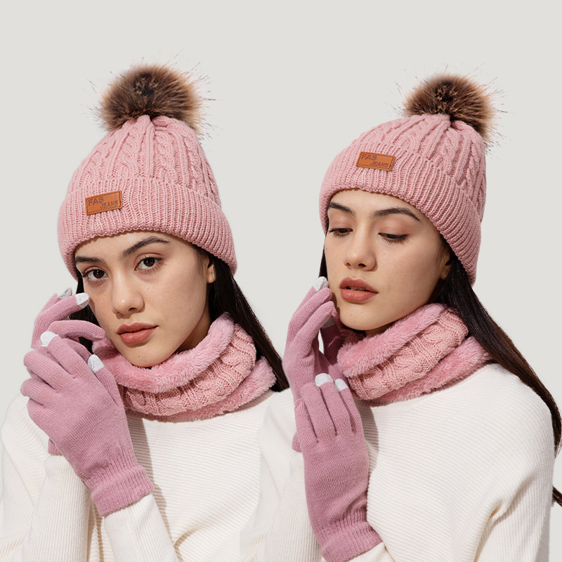 3 stks/set Vrouwen Muts Sjaal Handschoenen Nepbont Bal Tiener Meisjes Gebreide Beanie Halswarmer Pak Warme Oren Vrouw Cap set