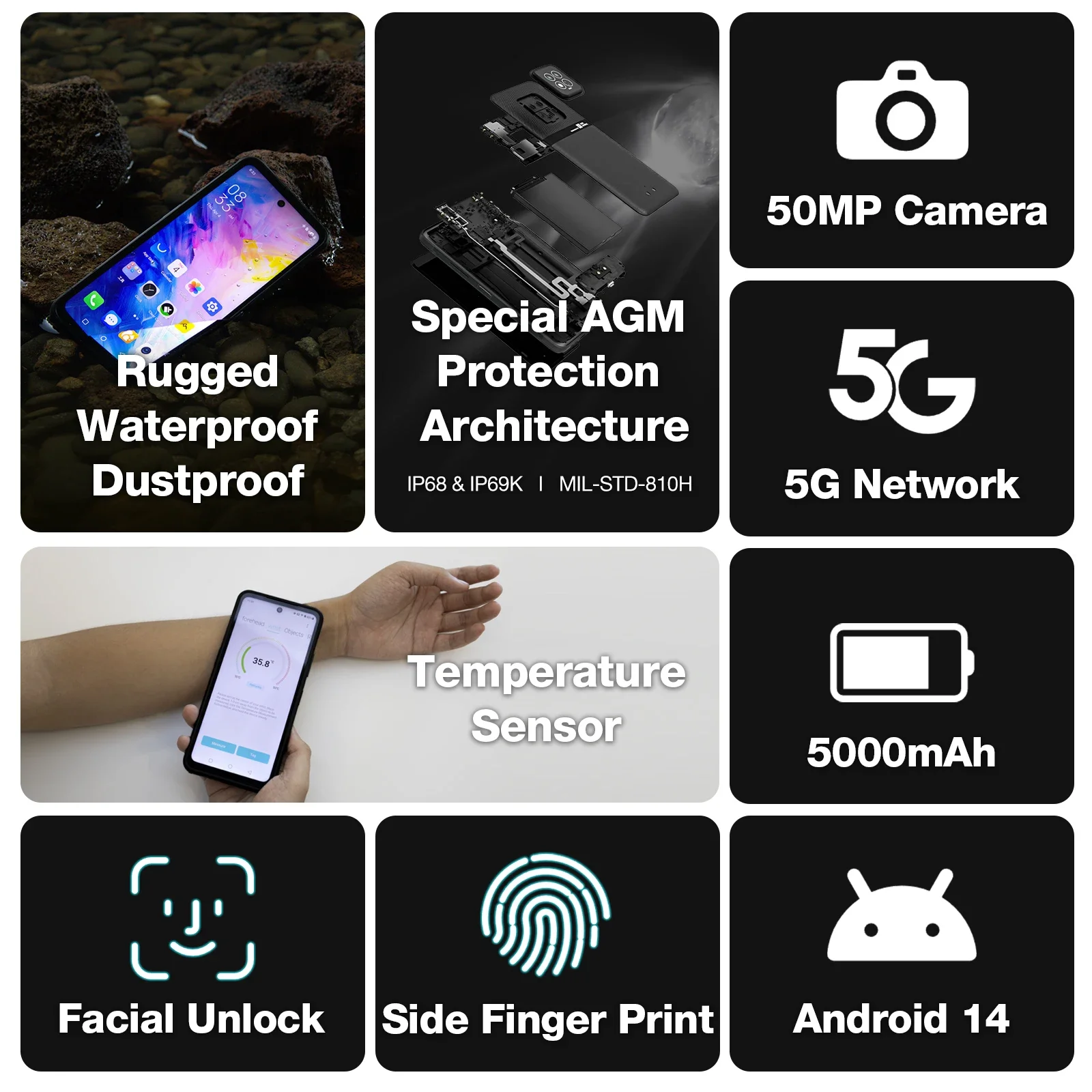 Smartphone AGM X6 5G 6,78” FHD+, Cámara impermeable de 50MP 5000mAh, 8GB+128GB, Android 14, Control de temperatura, NFC, Doble SIM