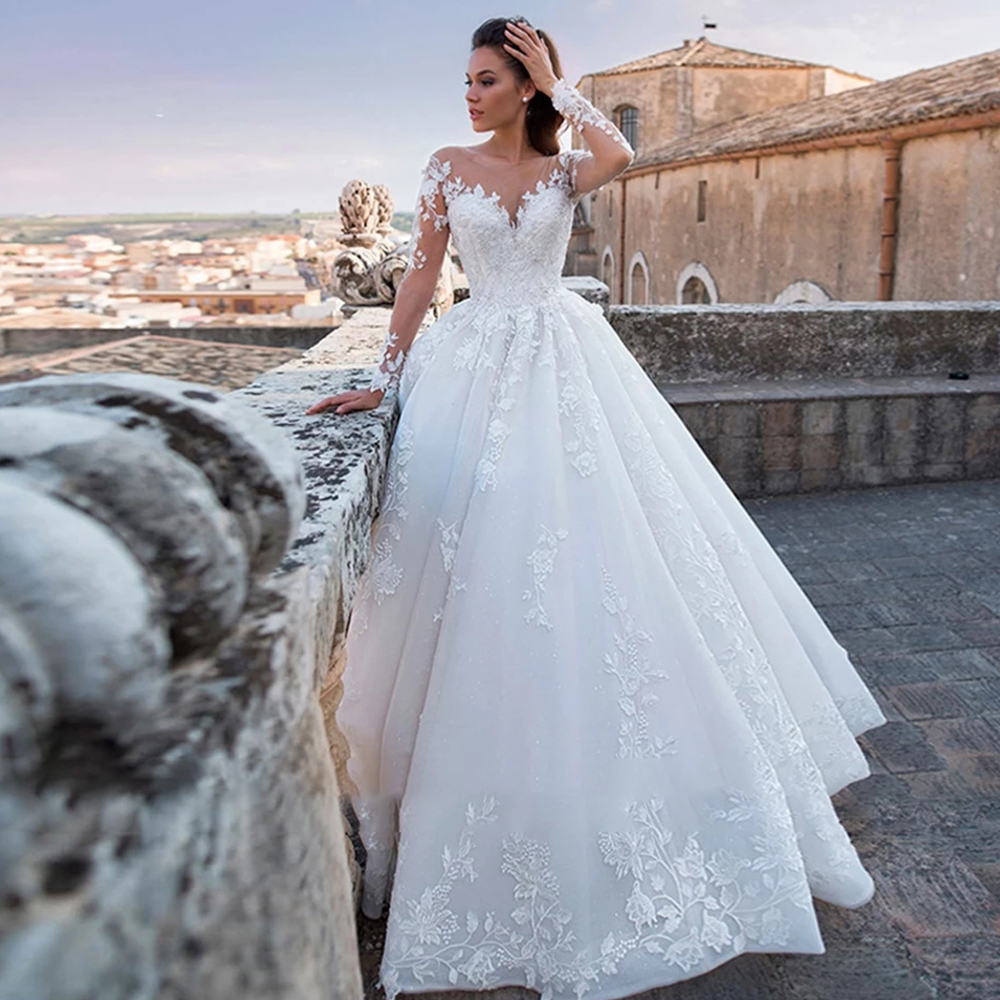 Eleganti abiti da sposa 2023 Illusion manica lunga bianco avorio Applique pizzo signora scollo a v abiti da sposa principessa Sexy Backless Robe
