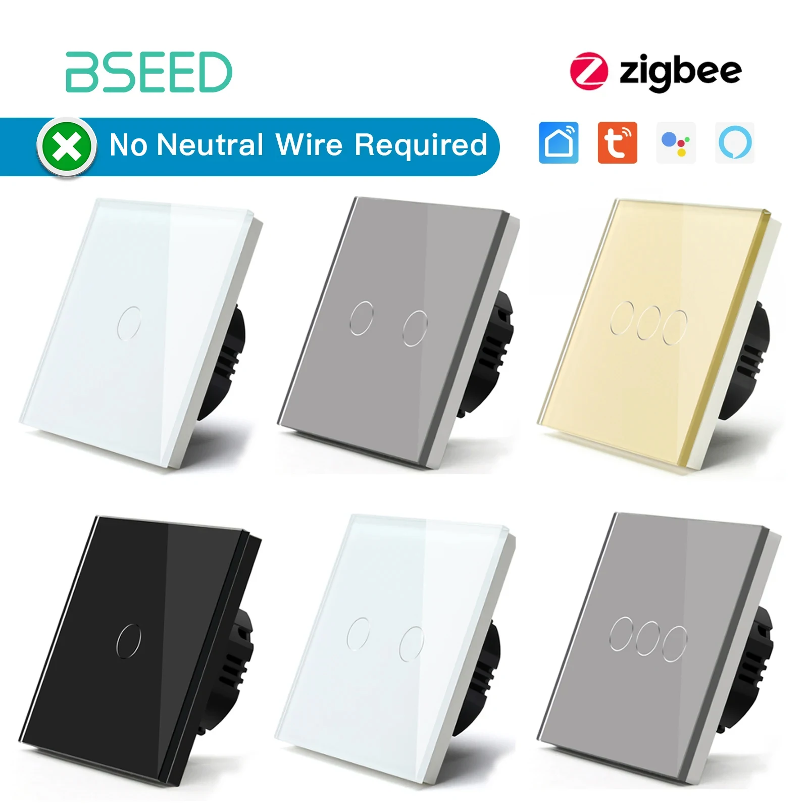 BSEED Smart Zigbee Switches 1/2/3Gang 1Way Интеллектуальный сенсорный выключатель света Настенные сенсорные выключатели Tuya Smart Life Google Alexa