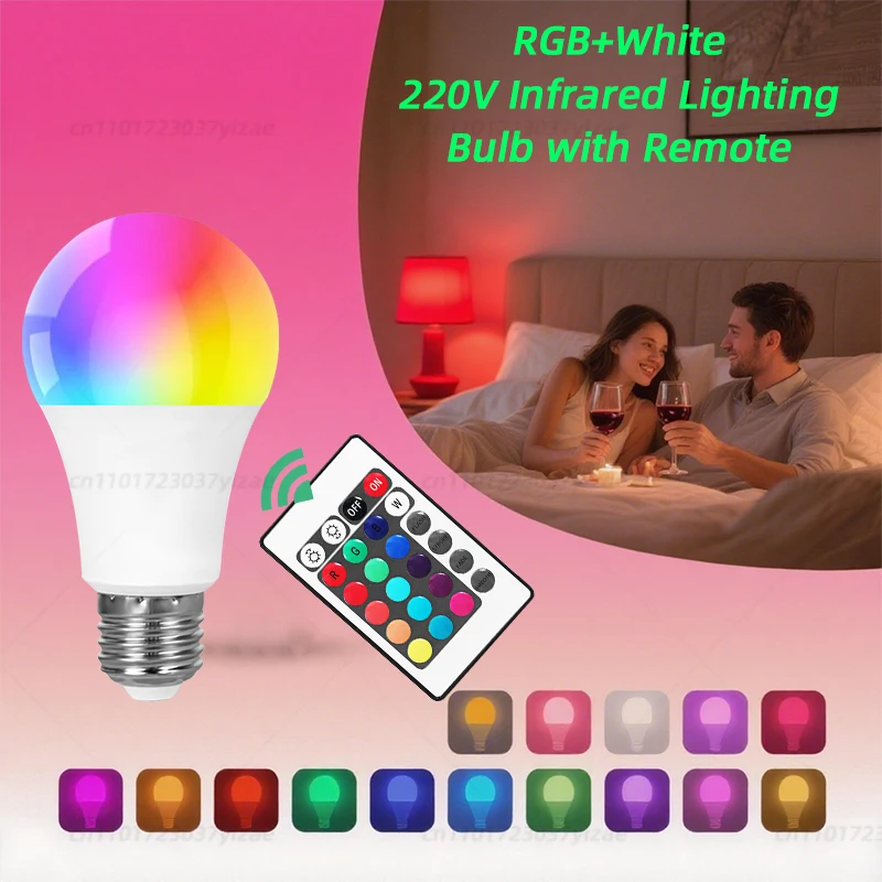 Żarówka LED z pilotem IR 220 V, ściemnialna żarówka RGB + biała, podstawa E27, do domu/na imprezę/dekoracji, oszczędność energii