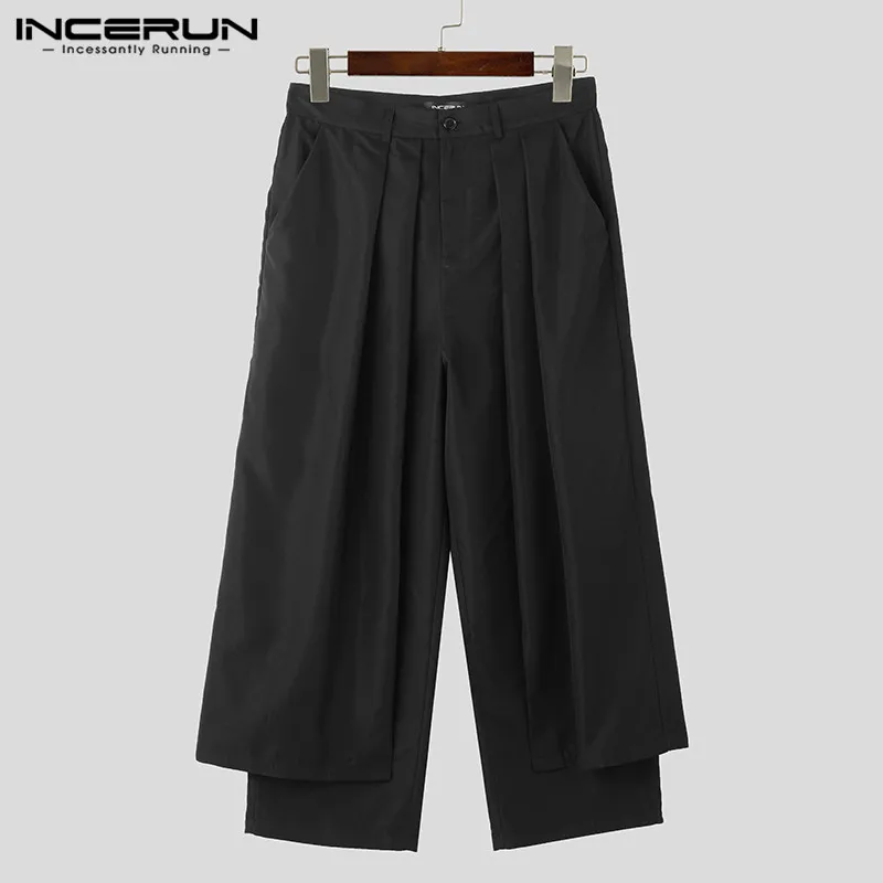 INCERUN เสื้อกันหนาวผู้ชายไม่สม่ําเสมอกางเกงสีทึบ Joggers หลวมปุ่มสบายๆกางเกงขากว้างผู้ชาย 2024 กางเกงแฟชั่น