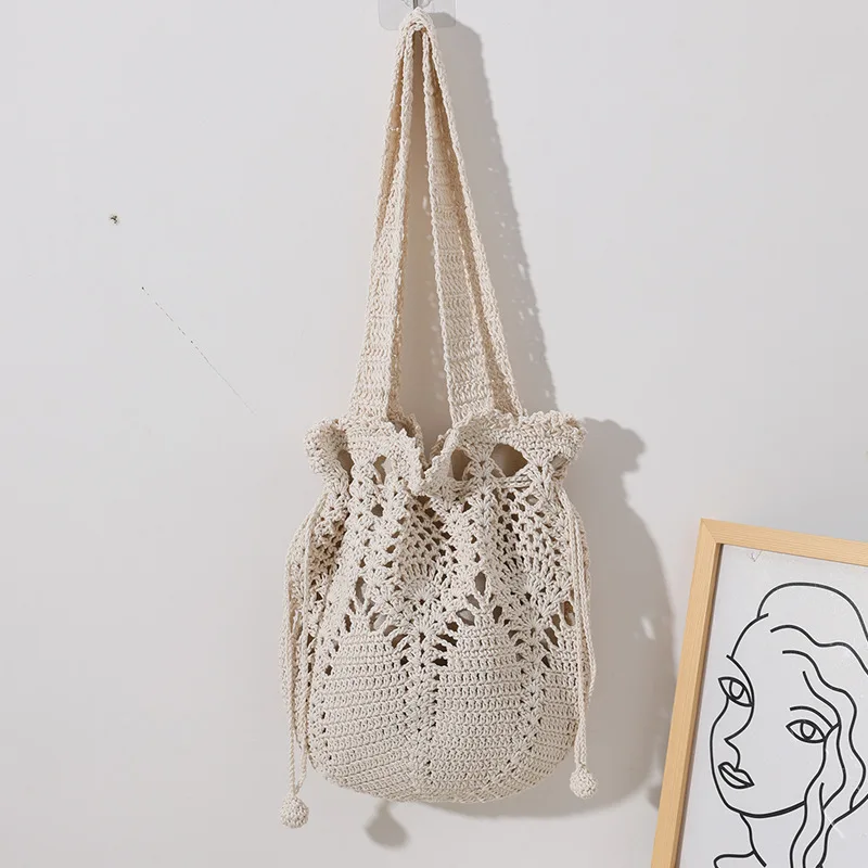 女性用の非対称コットンショルダーバッグ,手織り,花のバケット,麦わら帽子,休暇用,韓国版,新しいコレクション2022