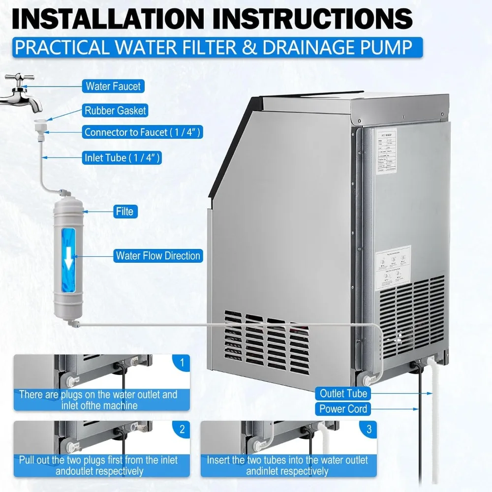 Commercial Ice Maker Machine, 90lbs/24H Ice Maker Machine with 33LBS Storage Bin, Stainless Steel Freestanding Ice Machine
