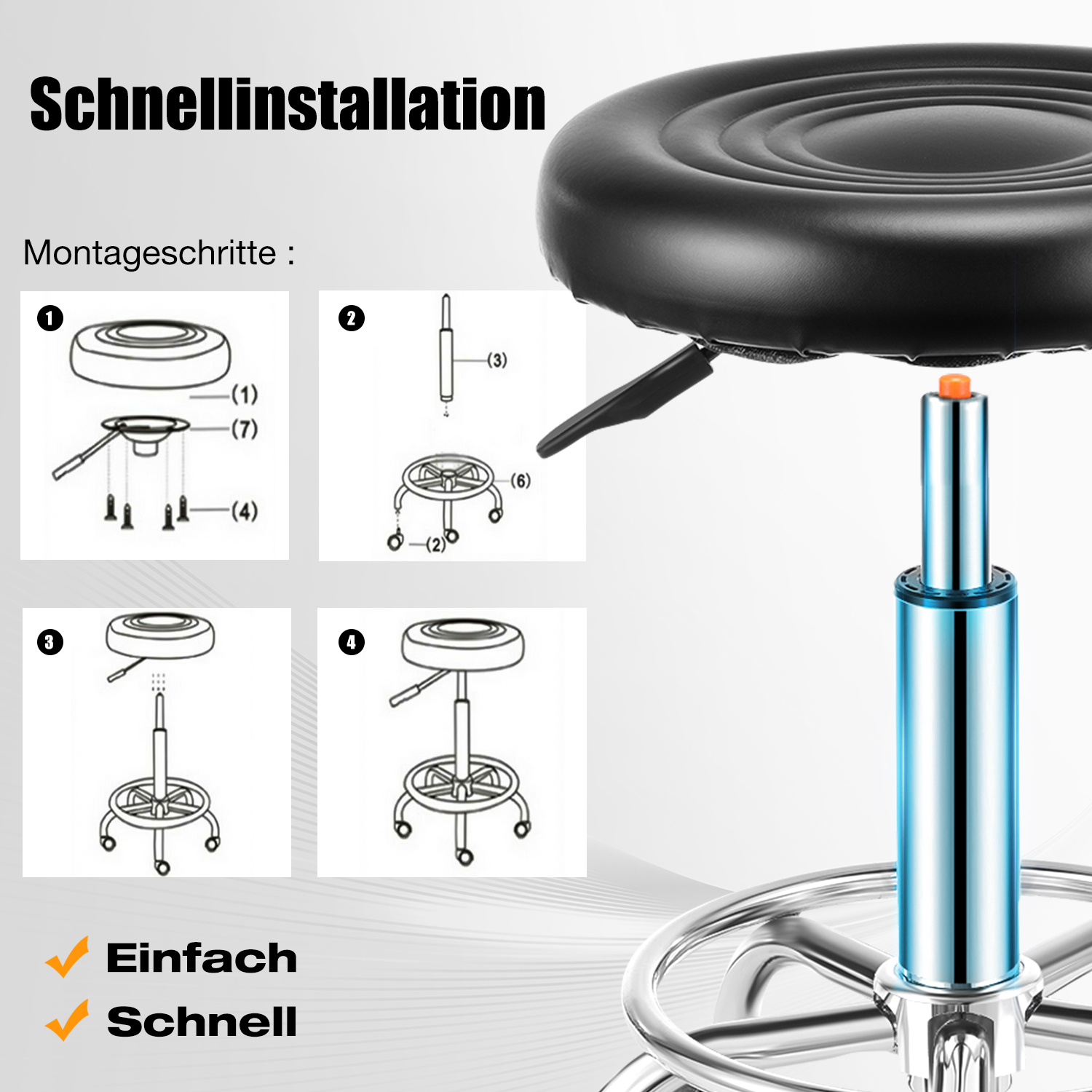 Rollhocker Arbeitshocker Drehhocker Höhenverstellbar 360° Drehbar Bürohocker Drehhocker für Büro Salon Massage Spa( Schwarz )