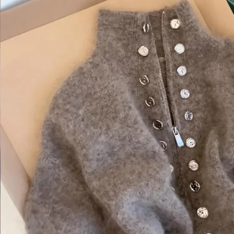 Luxus Flauschigen Gestrickte Strickjacken Pullover Design Zweireiher Pullover Mantel Frauen Herbst Winter High-end-Lazy Zipper Stricken Top