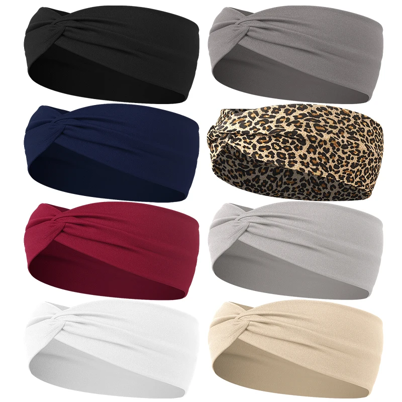 Diademas cruzadas de Color sólido para mujer, diademas de punto elásticas con estampado de leopardo a la moda para niñas, turbante Vintage, accesorios para el cabello