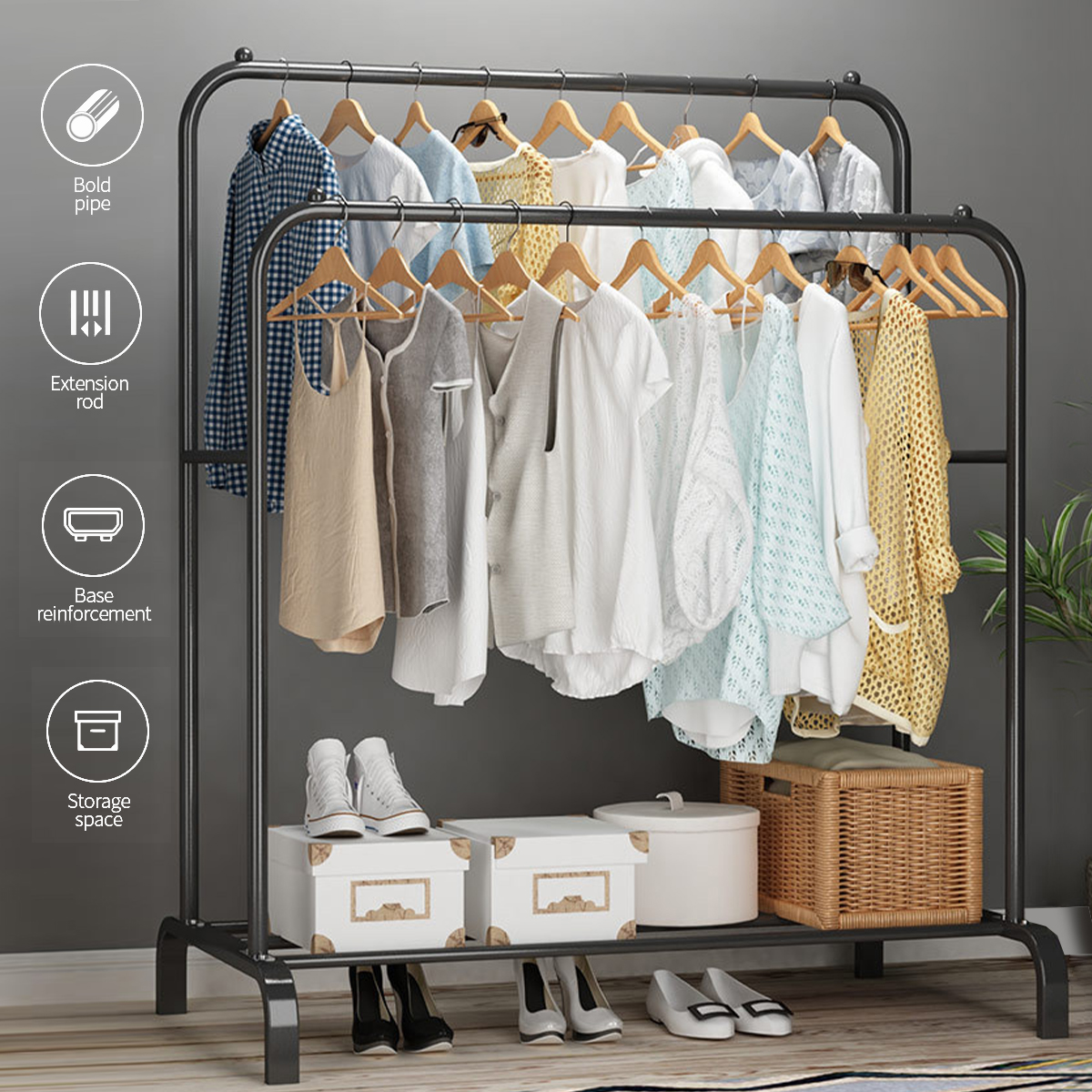 Double Rail Standing Clothes Rack Clothes Rail Shoes Rack Storage Shelf Wall Clothes Rack for Wardrobe Room Bedroom Living Room