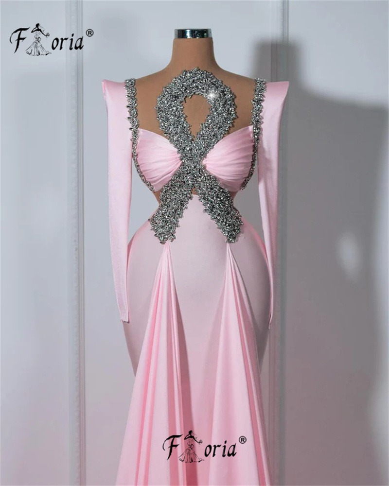 Elegantes rosa Meerjungfrau-Abendkleid mit großen Kristallen, langen Ärmeln, glitzernden Perlen, Sweep-Zug, formelles Anlasskleid, Promi-Kleid