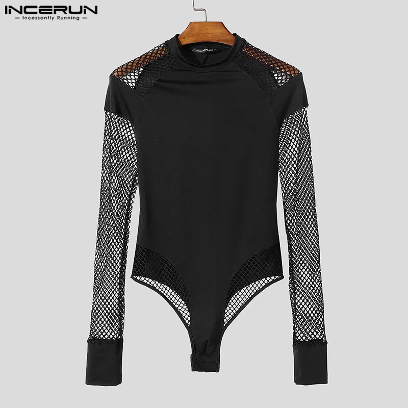 INCERUN Hübsche, lässige Langarm-Bodysuits 2024, gut sitzende Mesh-Spleiß-Overalls, bequeme Homewear-Loungewear