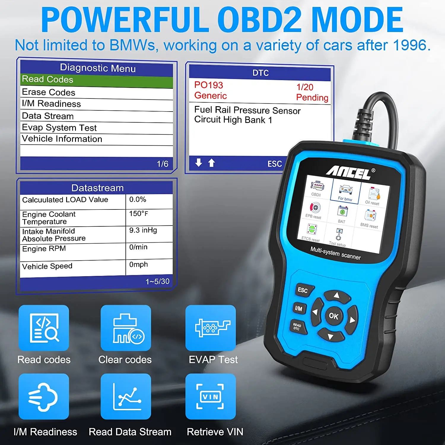 Ancel bm700 pro obd2 scanner para mini epb sas airbag tpms bateria óleo redefinição obd2 scanner automotivo ferramenta de diagnóstico do carro