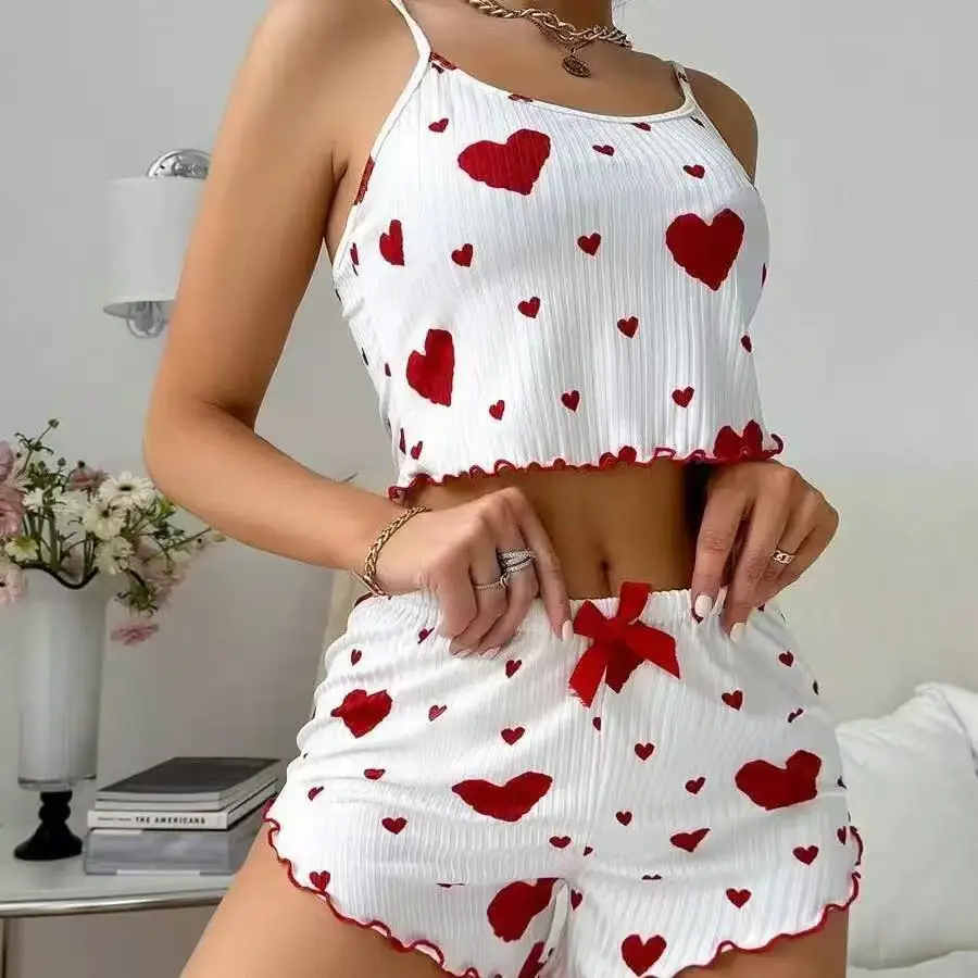 Novedad de verano, conjunto de pijama para mujer, transpirable, suave, informal, diseño estampado de amor, pantalones cortos con tirantes para el hogar, pijamas