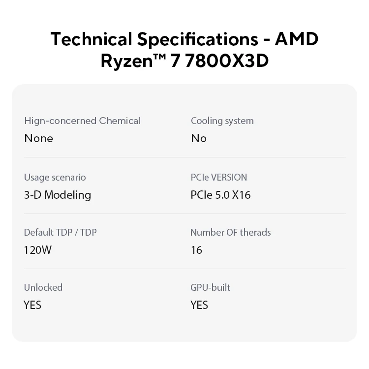 AMD Ryzen 7 7800X3D R7 7800X3D 5.0 GHz 8-Core 16-Thread CPU 5NM 96M 100-100000910 Socket AM5 New Tray Without cooler