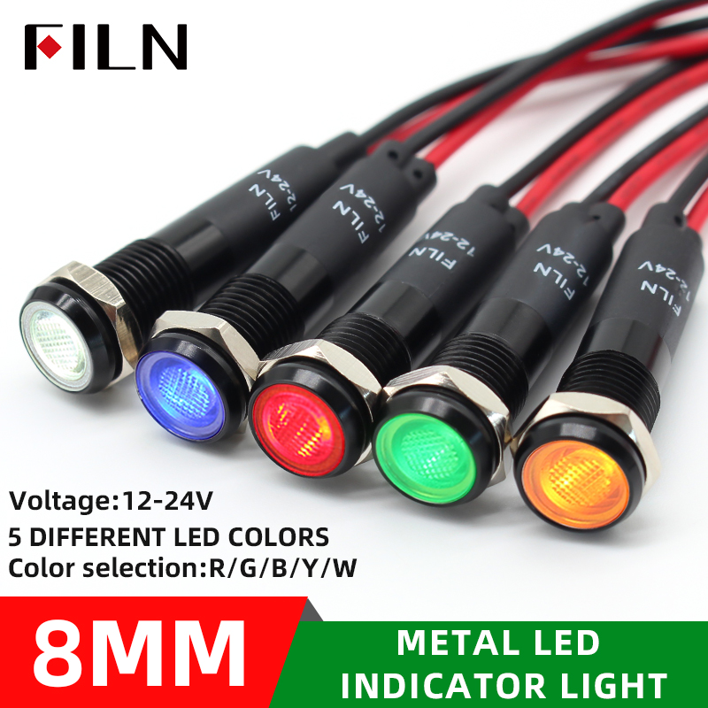 8mm 12V 24V 110V 220V โลหะสีดํา LED แผงนักบิน Dash สัญญาณไฟเตือน 20 ซม.สีดําสําเร็จรูปรถเรือ Marine
