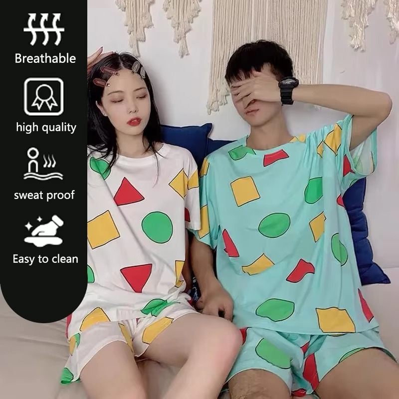 Kurzarm-Pyjama für Damen, Sommer, Cartoon, niedlich, geometrisch, Nachtwäsche, Homewear, lässig, Pullover, Hemd, Damen-Nachtwäsche, Loungewear