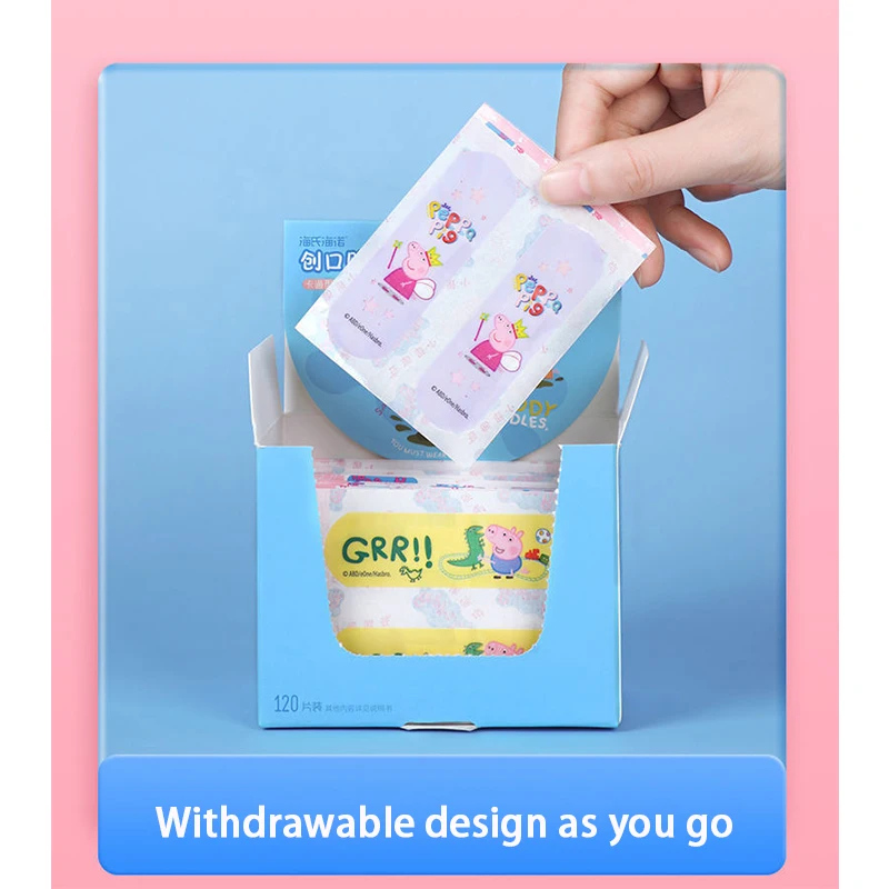 120ชิ้น/กล่องสติกเกอร์หมูเป็ปป้าการ์ตูนแถบทางการแพทย์สำหรับช่วยเหลือแถบกาวกันน้ำช่วยให้ผิวสบายเป็นมิตรสายรัดช่วยเหลือสำหรับเด็ก