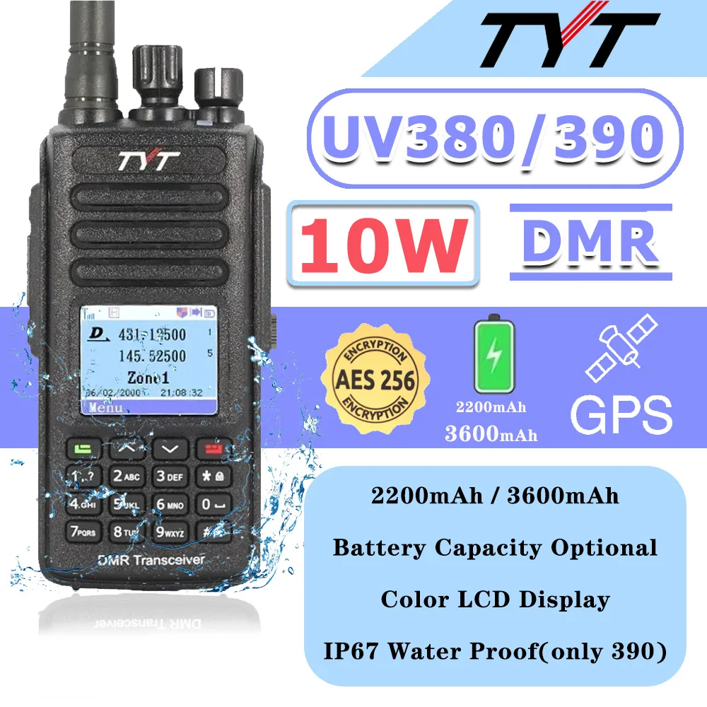 10W Walkie Talkie TYT MD-UV390 PLUS Aes256 Radio GPS IP67 Batterie Optionales wasserdichtes VHF/UHF Dual Band Digital Walkie Talkie