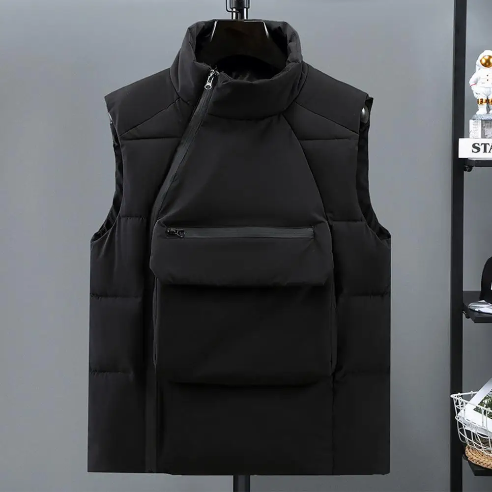 Männer Weste Herbst Jacken Daunenweste Stehkragen Ärmellos Schräger Reißverschluss Weste Mantel mit Vordertaschen Baumwollmantel