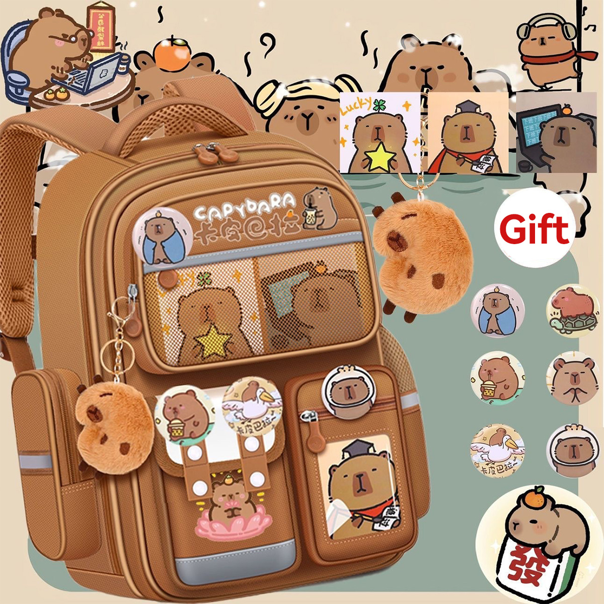 Capybara Water-Proof Backpack - Large Multi-Compartment with Lumbar Support Belt Cute Orthopedic School Bag for Teens Girls Boys