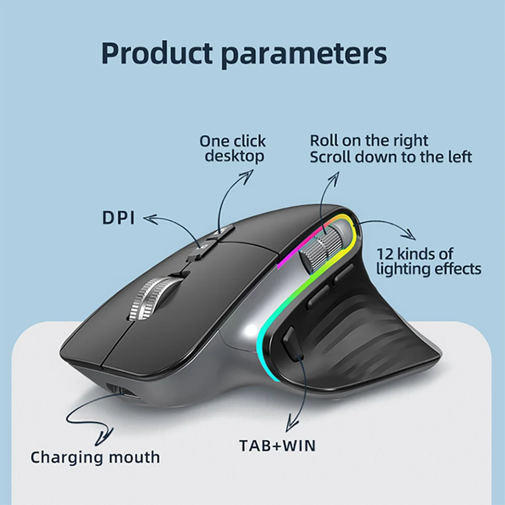 JOMAA-Mouse Preto Sem Fio, 2.4G, Bluetooth, RGB, Recarregável, Design Ergonômico, Computador, Jogos, Escritório