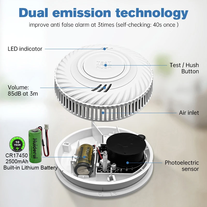 เครื่องตรวจจับควันแบบใหม่ ปี 2026 อัปเกรด WiFi รองรับ Tuya พร้อมแบตเตอรี่ในตัวใช้งานได้ 10 ปี เหมาะสำหรับห้องนั่งเล่น ห้องครัว ร้านค้า เซ็นเซอร์ตรวจจับควันเพื่อการตรวจสอบไฟไหม้