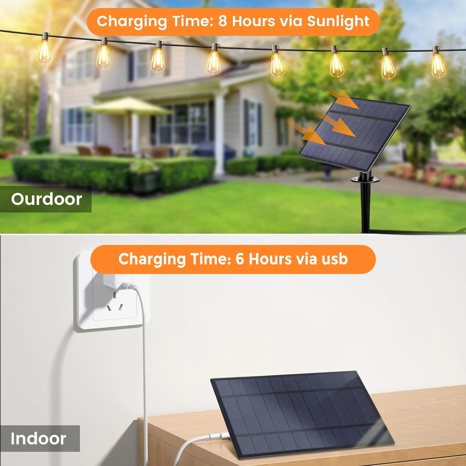 Guirnaldas de luces solares para exteriores, luces para Patio G40, cargador USB, 8 modos de luz, bombillas inastillables, luz colgante resistente a la intemperie