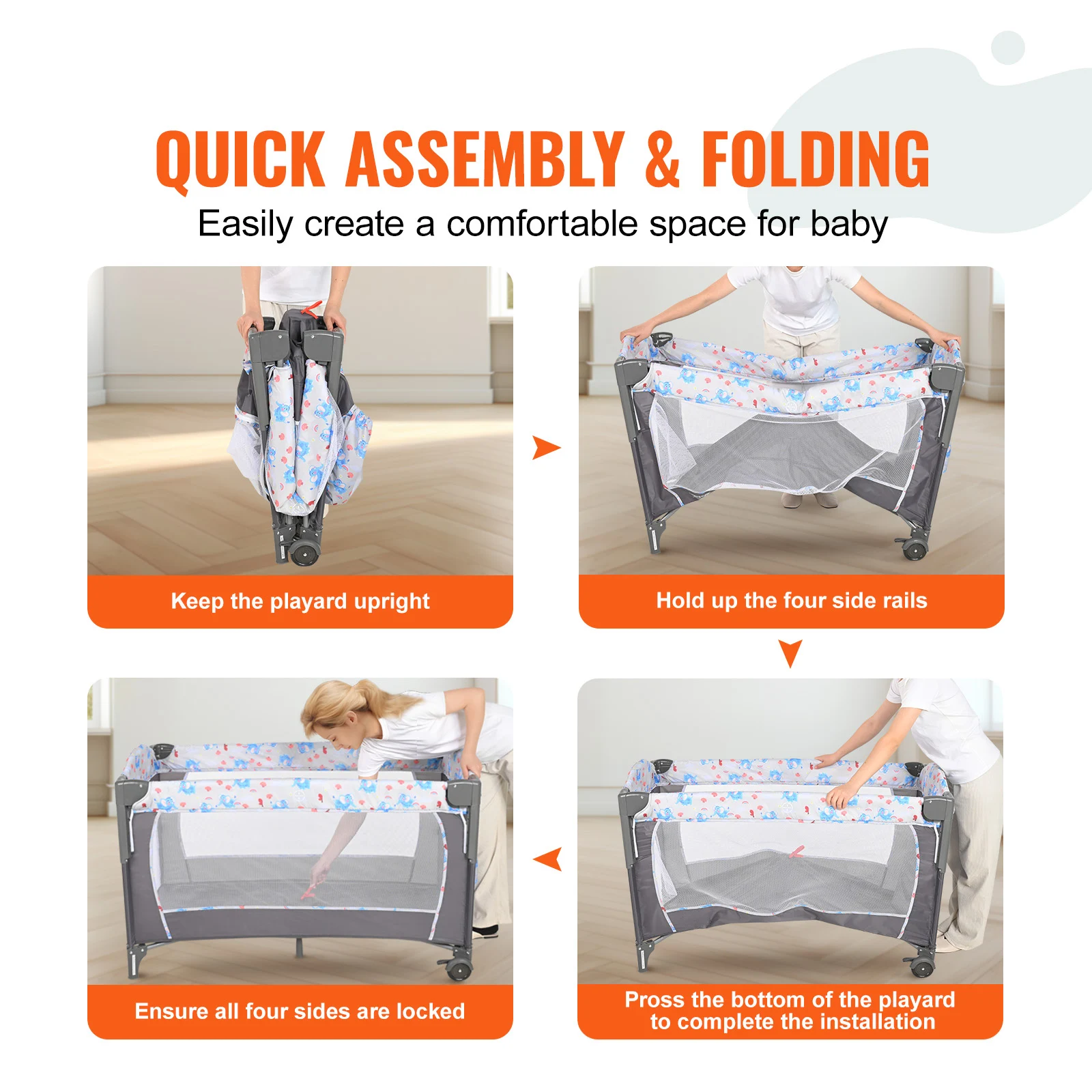 SucceBuy Culla per bambini Capacità di carico di 77 libbre Culla per bambini portatile facile da piegare Comodino con cestino portaoggetti e ruote