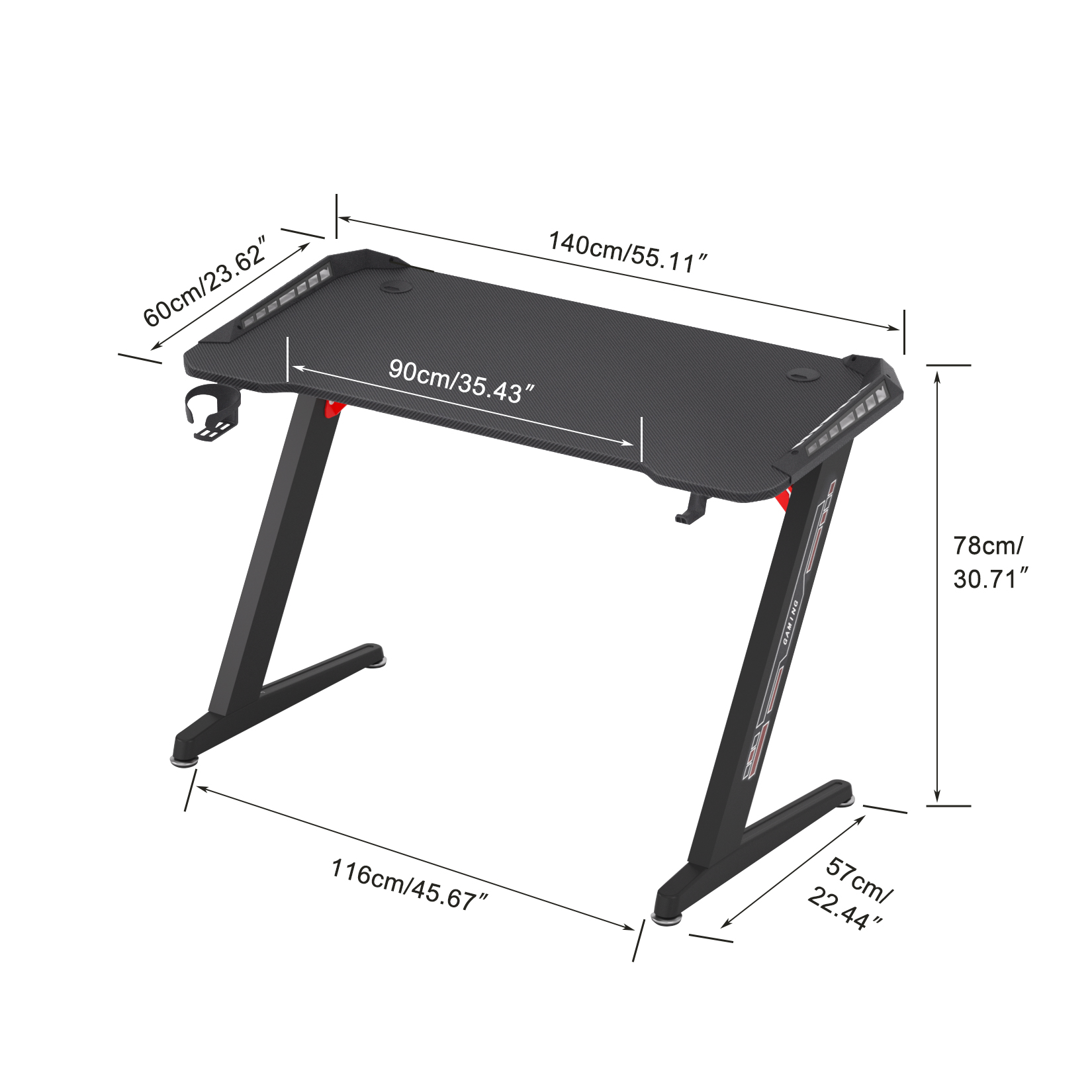 Scrivania da gioco per computer a forma di Z con luci LED RGB Tavolo da ufficio domestico X-Large 140 cm