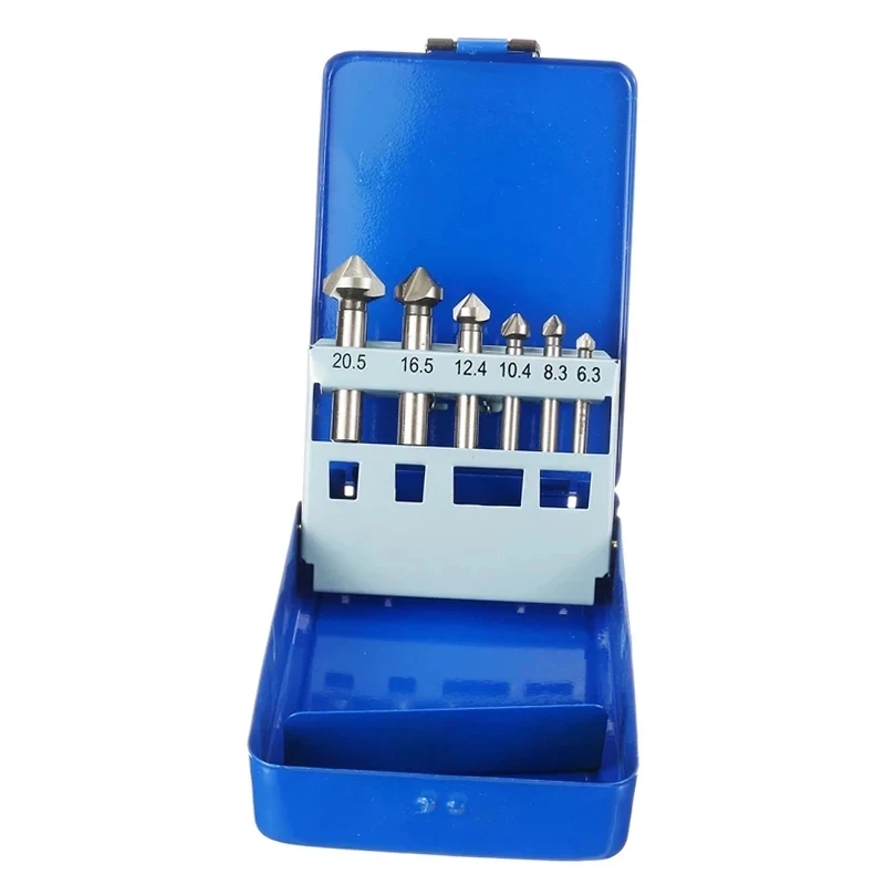 6Pcs 6.3-20.5mm Chamfering End Mill Cutter 3 Flute Round shank 90 Degree HSS Countersink Deburring Tapered Drill Bit