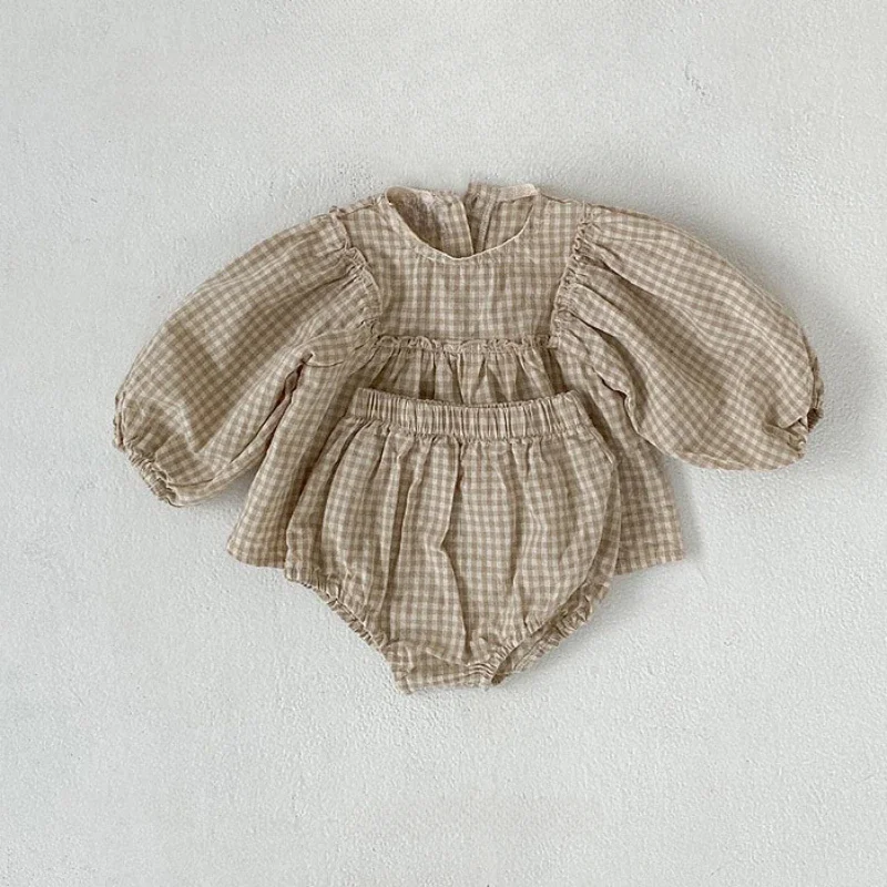 Conjunto de blusa a cuadros 100% algodón y pantalones cortos de PP para niños pequeños