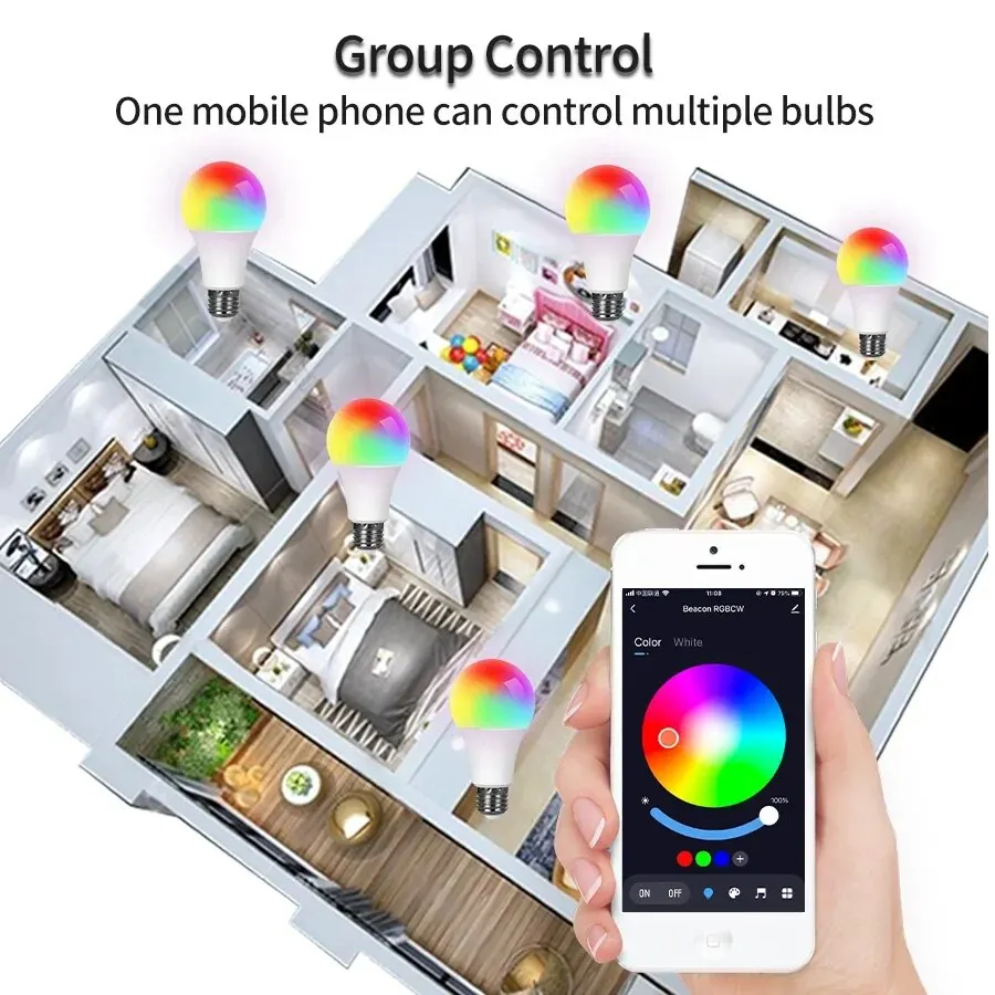 E27 LED 스마트 전구, RGB 투야 램프, 블루투스 앱 제어, 조도 조절 앰플 LED 전구, 15W 홈 침실 크리스마스 파티 장식