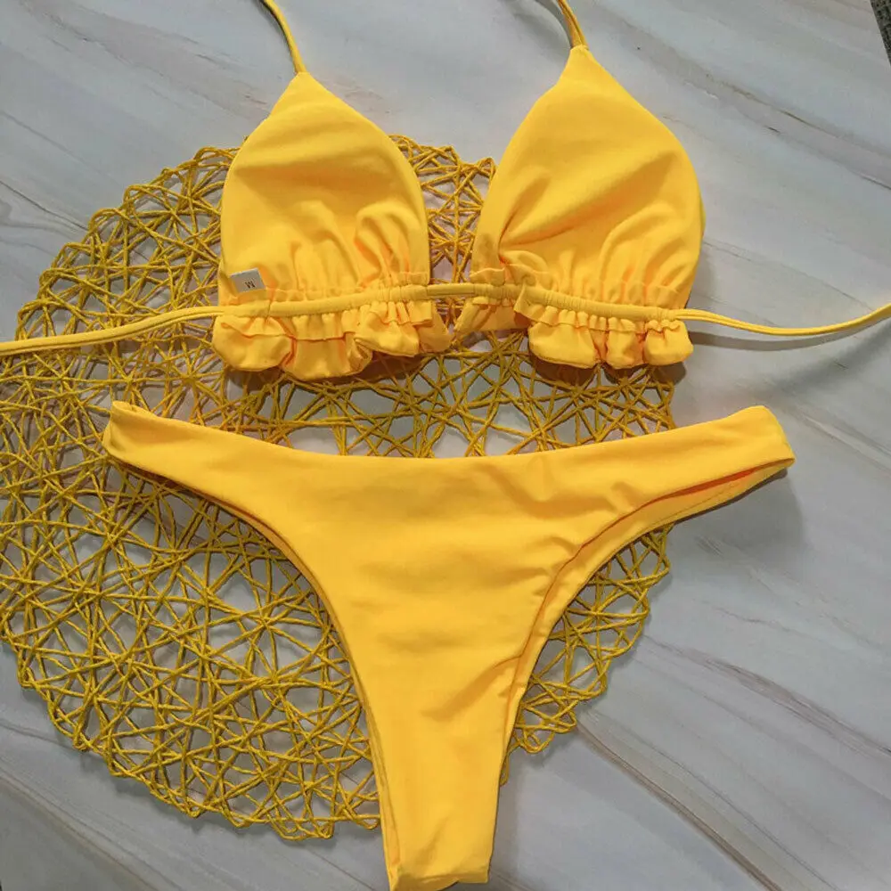 Conjunto de Bikini brasileño de verano para mujer, traje de baño Sexy con parte superior de vendaje, parte inferior de Tanga, traje de baño de realce con cordones, ropa de playa