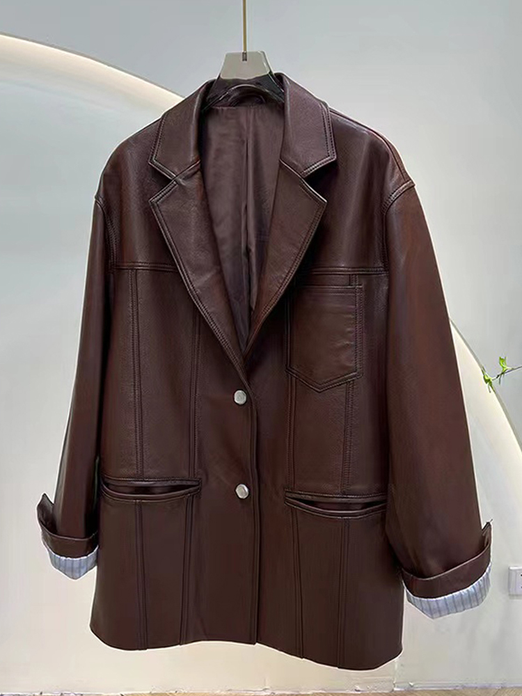 Chaqueta de piel auténtica de gran tamaño para mujer, traje Retro marrón de piel de oveja con hombros anchos, abrigo de calle, 2024, Otoño, 100%