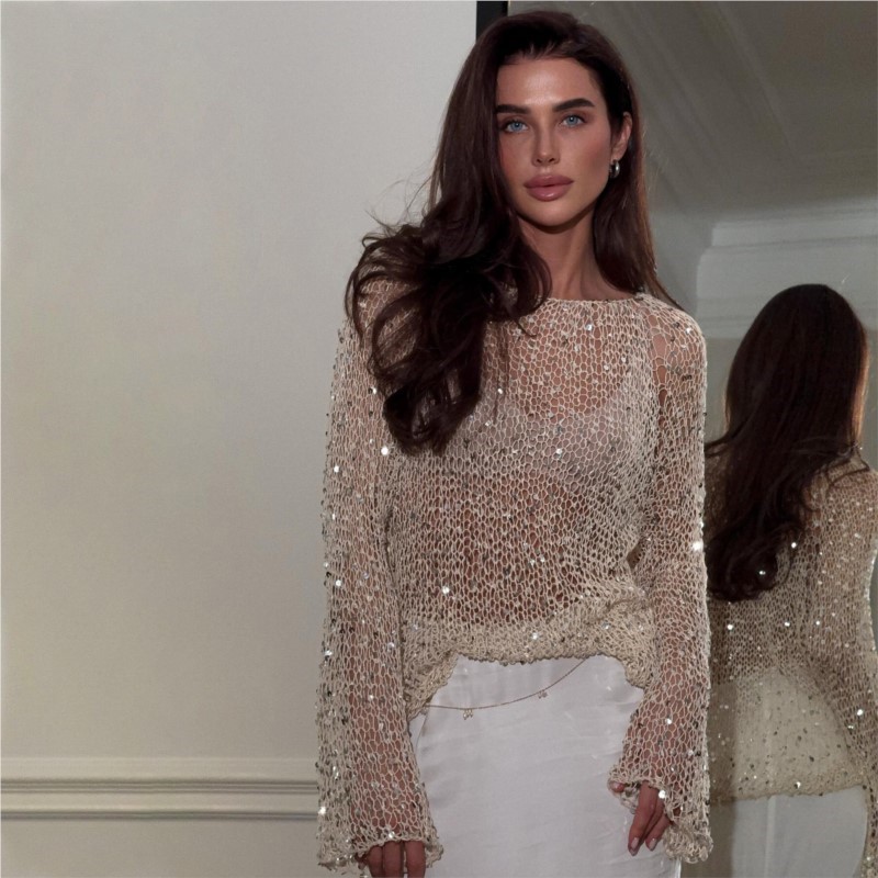 Модные сексуальные прозрачные блестящие топы с вырезами, женские свободные блестящие пуловеры с круглым вырезом и блестками, шикарные наряды с блестками