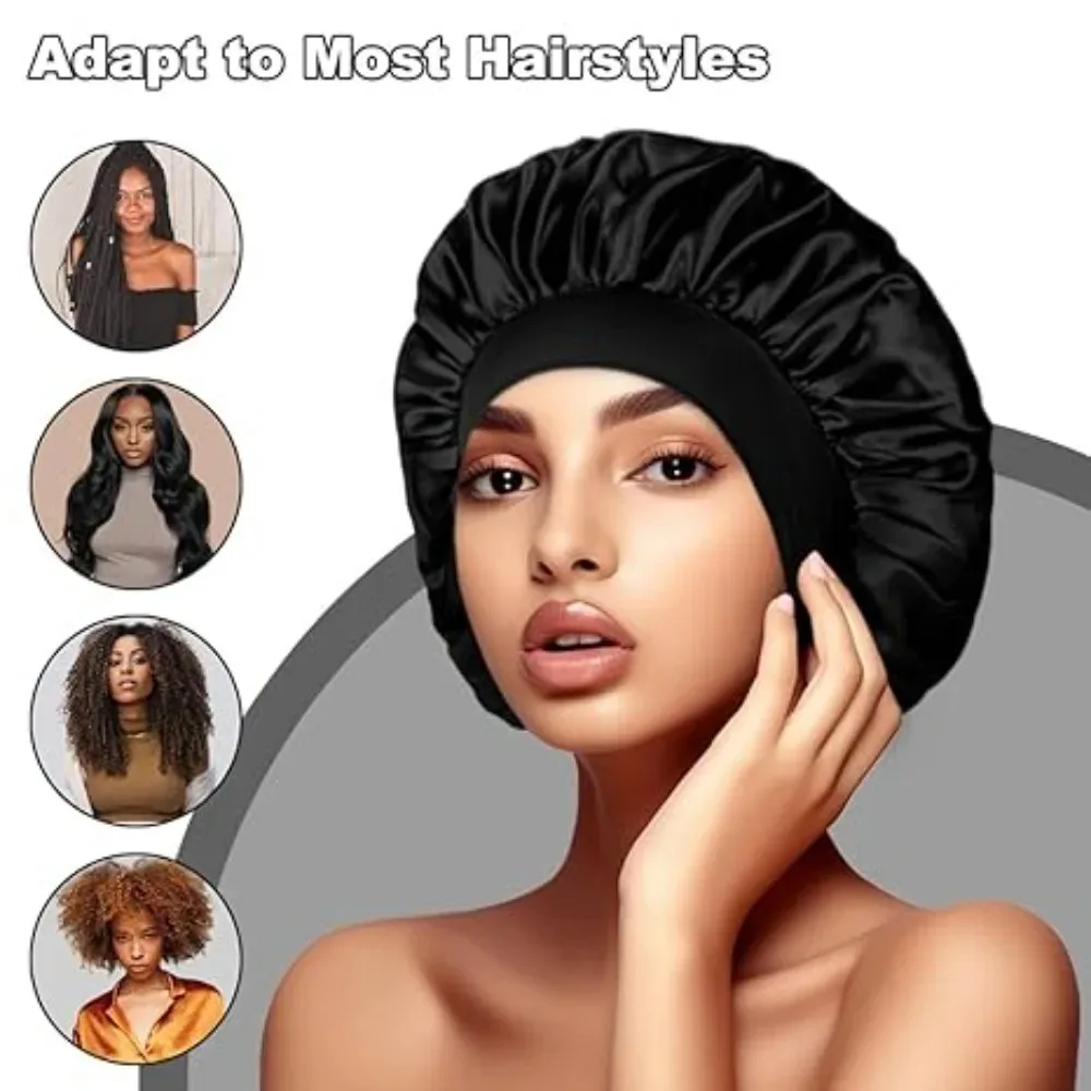 Bonnet de cetim monocromático para mulheres, envoltório de cabelo, elástico, laço estreito, borda, touca de banho, dormindo, cuidados com os cabelos