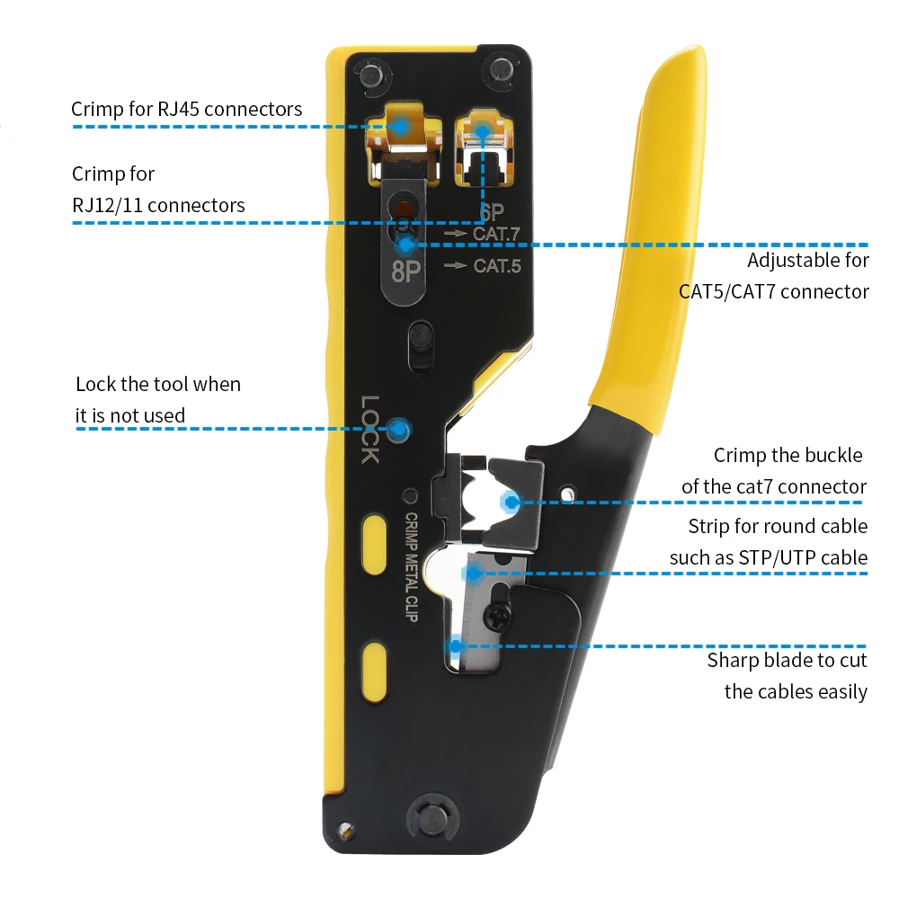 Rj45 Rj12 Rj11 Pass Through Crimp Plier Cat7 Cat6 Cat6A Cat5 Cat5e Stripping Crimping Tool with 8P/6P Ethernet Connectors