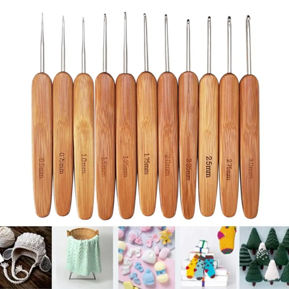 Ganchos de ganchillo de madera de bambú, herramienta de tejido a mano, tamaño pequeño, agujas de tejer largas, nuevo