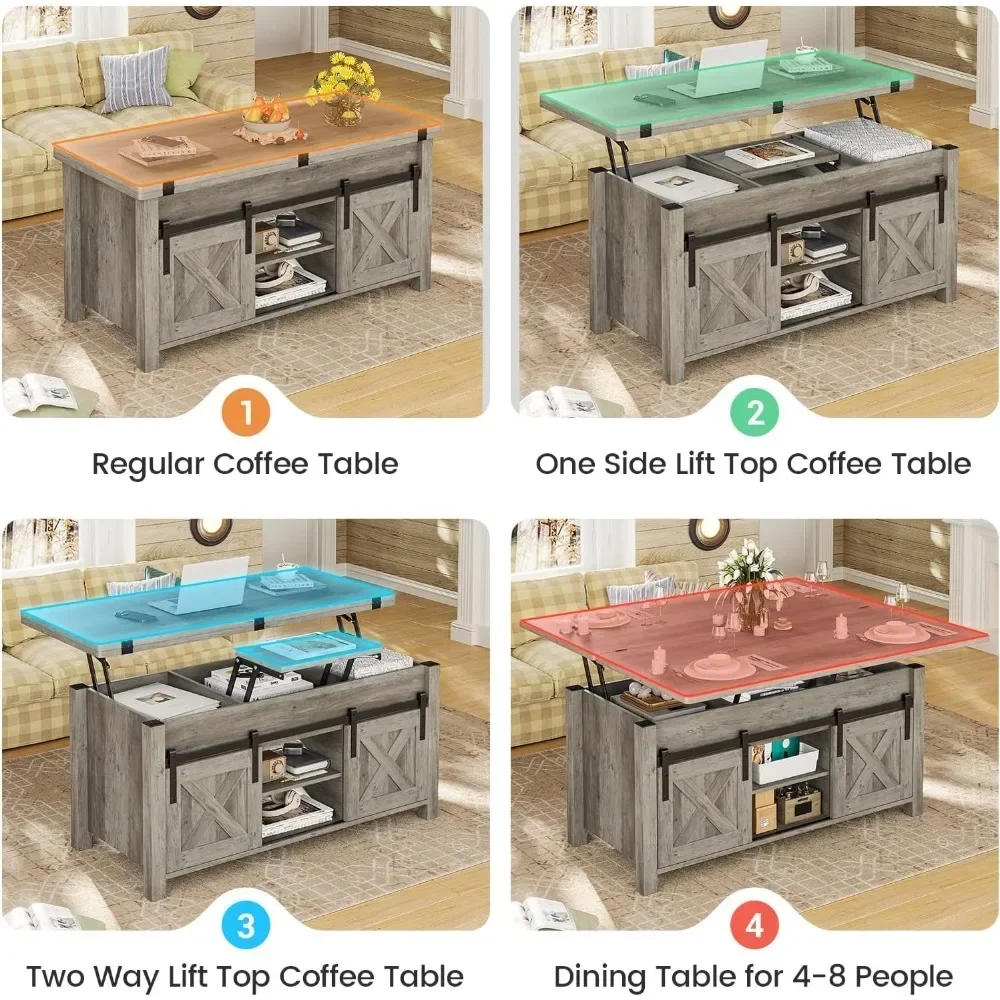 多機能コンバーチブルコーヒーテーブル,4 in 1,リフトトップ,収納と隠しコンパートメント,農家の家具