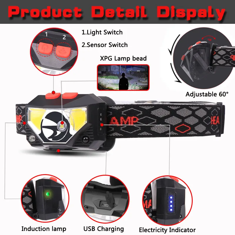 Linterna frontal LED XPE + COB con Sensor de movimiento, 6 modos, recargable por USB, resistente al agua, para acampar, correr, pescar