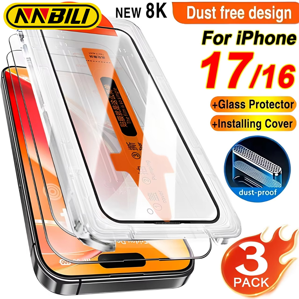 NNBILI 3 uds Protector de pantalla de fácil instalación sin polvo para iPhone 17 16 Pro Max 17Air 16E HD películas antiarañazos de vidrio templado